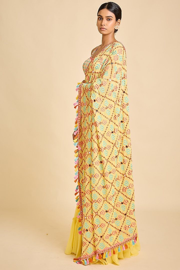Yellow Georgette Embroidered Pre-Stitched Bridal Saree Set by SurilyG at Pernia's Pop Up Shop