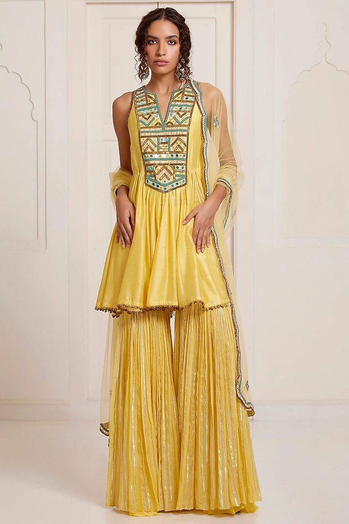 Yellow Chanderi Bridal Sharara Set by SurilyG at Pernia's Pop Up Shop