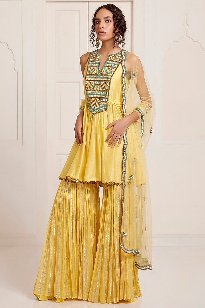 Yellow Chanderi Bridal Sharara Set by SurilyG at Pernia's Pop Up Shop