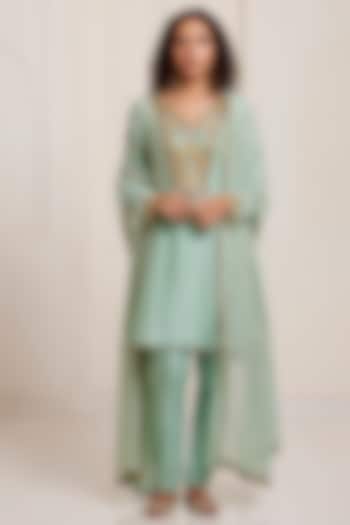 Green Chanderi Embroidered Kurta Set by SurilyG at Pernia's Pop Up Shop