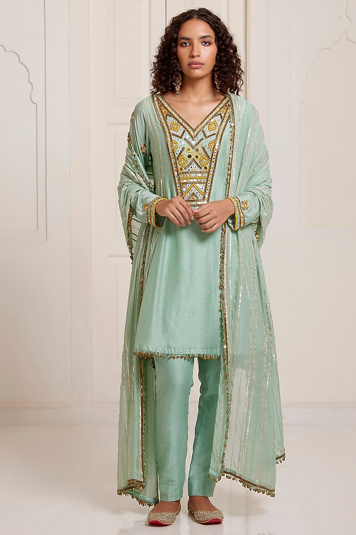 Green Chanderi Embroidered Kurta Set by SurilyG at Pernia's Pop Up Shop