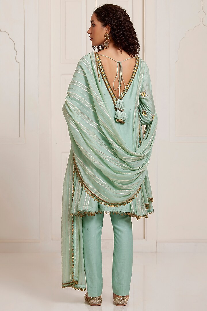 Green Chanderi Embroidered Kurta Set by SurilyG at Pernia's Pop Up Shop