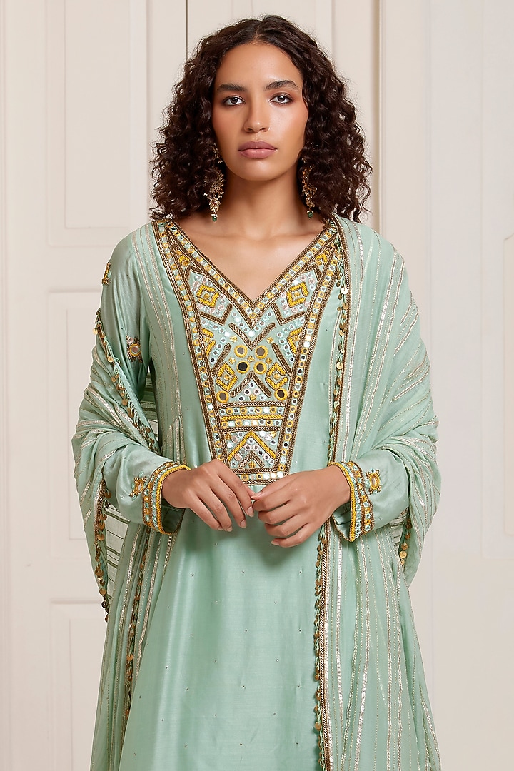 Green Chanderi Embroidered Kurta Set by SurilyG at Pernia's Pop Up Shop