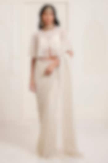 Ivory Net Jaal Bridal Saree Set by SurilyG at Pernia's Pop Up Shop