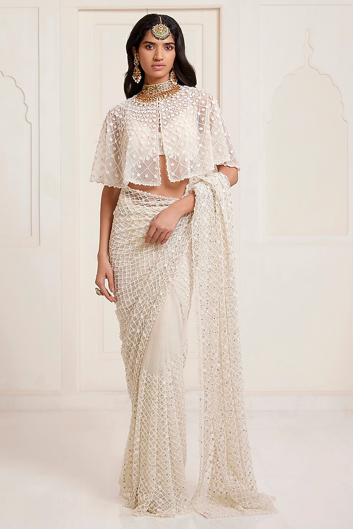 Ivory Net Jaal Bridal Saree Set by SurilyG at Pernia's Pop Up Shop