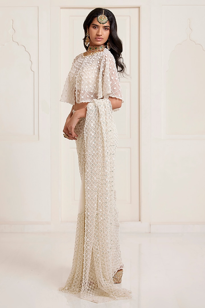 Ivory Net Jaal Bridal Saree Set by SurilyG at Pernia's Pop Up Shop