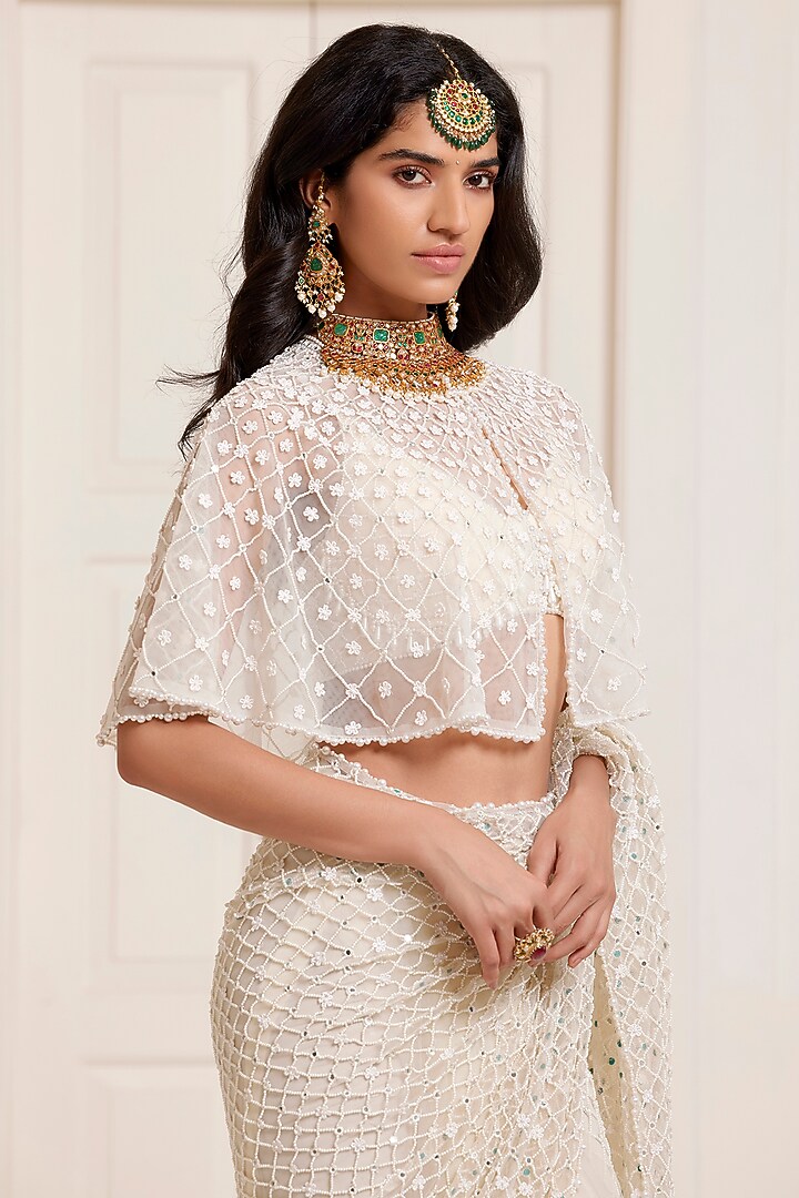Ivory Net Jaal Bridal Saree Set by SurilyG at Pernia's Pop Up Shop