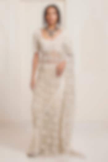 Ivory Net Jaal Bridal Saree Set by SurilyG at Pernia's Pop Up Shop