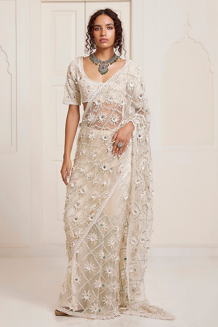 Ivory Net Jaal Bridal Saree Set by SurilyG at Pernia's Pop Up Shop