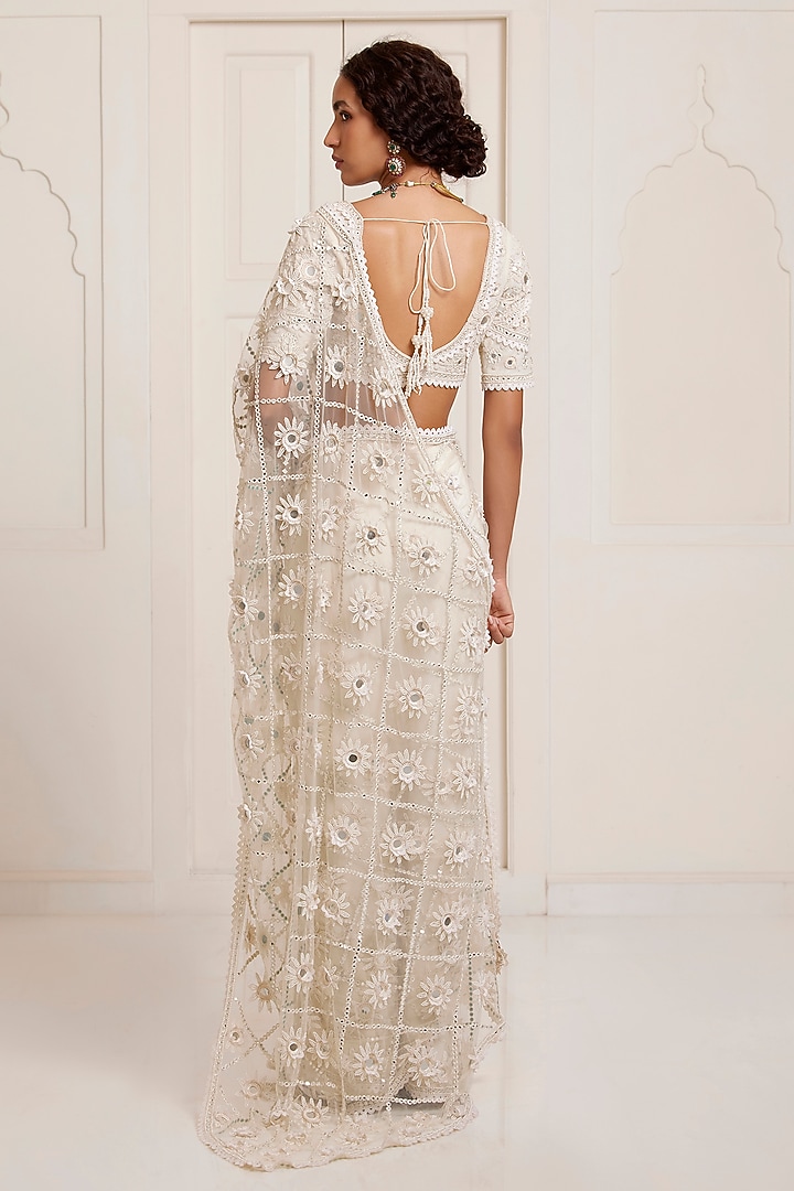 Ivory Net Jaal Bridal Saree Set by SurilyG at Pernia's Pop Up Shop