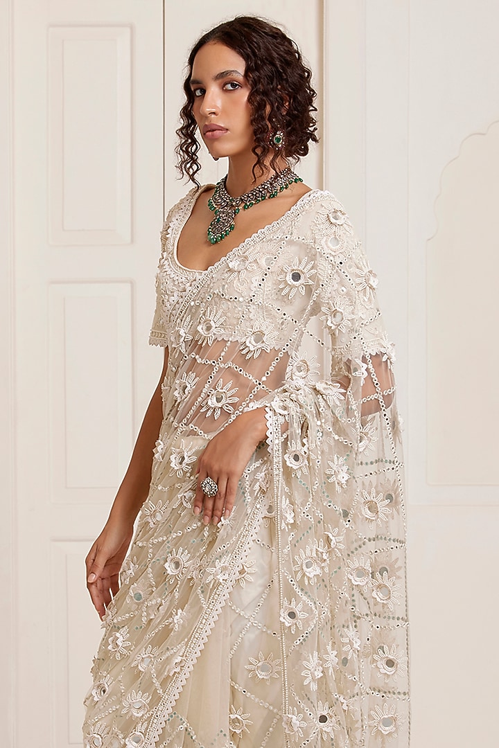 Ivory Net Jaal Bridal Saree Set by SurilyG at Pernia's Pop Up Shop