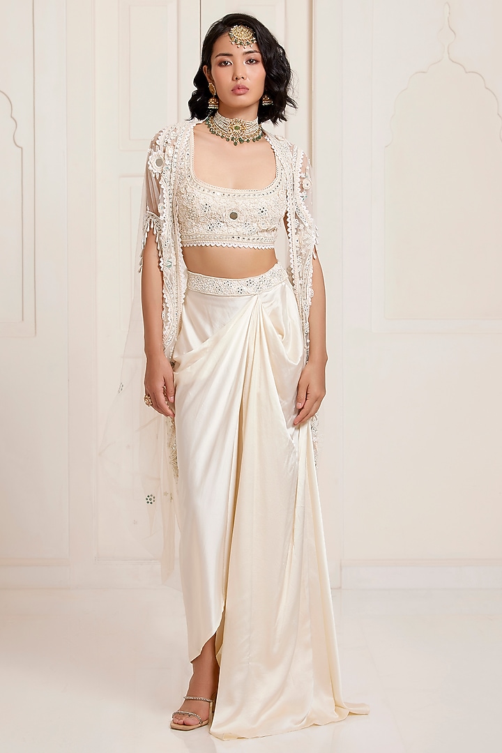 Ivory Satin Draped Skirt Set by SurilyG at Pernia's Pop Up Shop