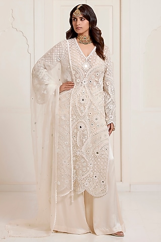 Ivory Net Embroidered Kurta Set by SurilyG