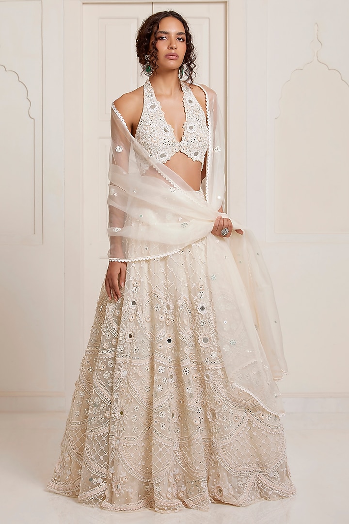 Ivory Net Embroidered Bridal Lehenga Set by SurilyG at Pernia's Pop Up Shop