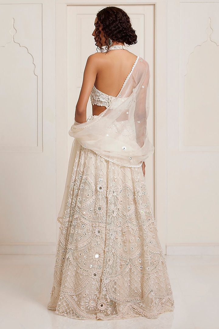 Ivory Net Embroidered Bridal Lehenga Set by SurilyG at Pernia's Pop Up Shop