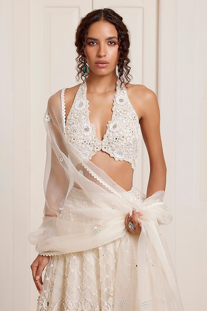 Ivory Net Embroidered Bridal Lehenga Set by SurilyG at Pernia's Pop Up Shop