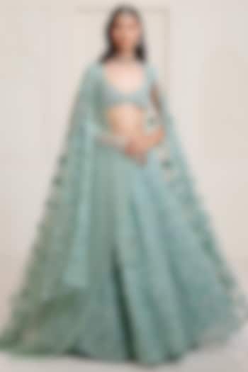 Sea Blue Net Embroidered Bridal Lehenga Set by SurilyG at Pernia's Pop Up Shop