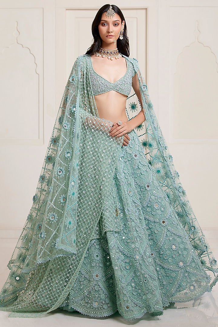 Sea Blue Net Embroidered Bridal Lehenga Set by SurilyG at Pernia's Pop Up Shop