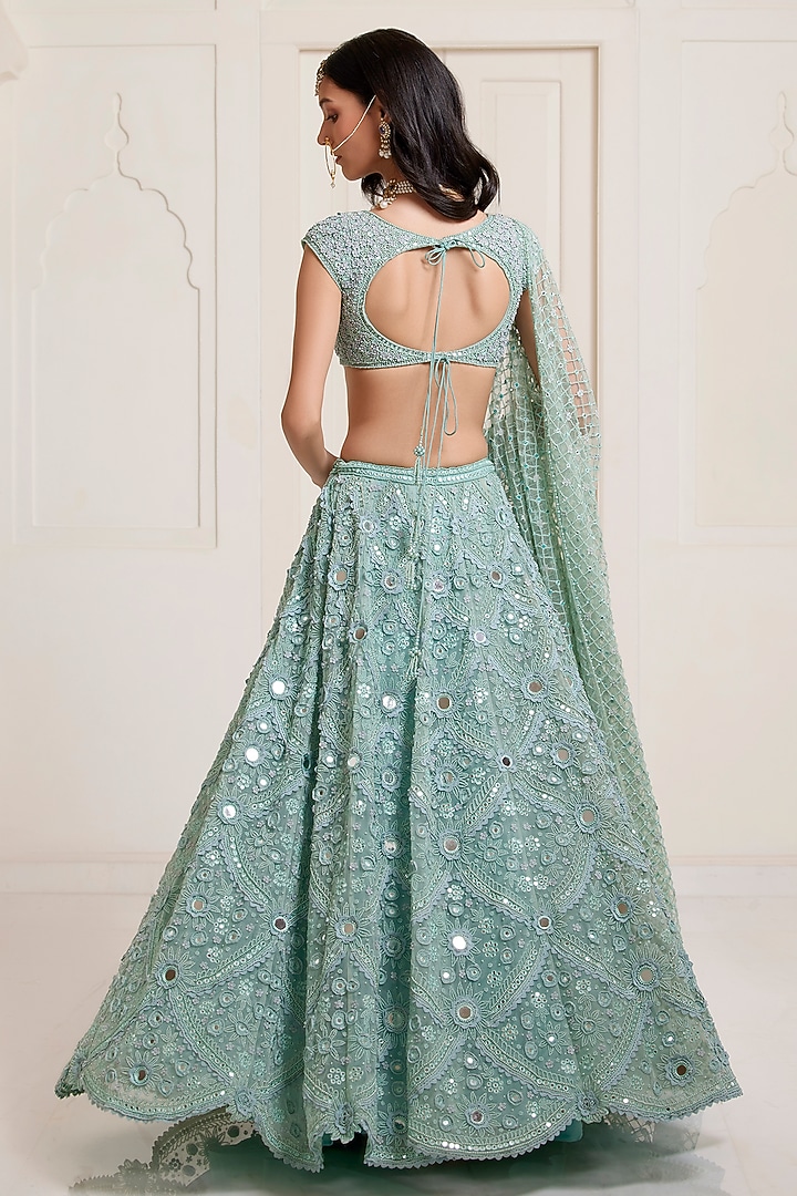 Sea Blue Net Embroidered Bridal Lehenga Set by SurilyG at Pernia's Pop Up Shop