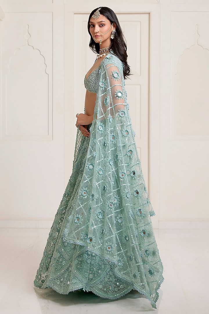 Sea Blue Net Embroidered Bridal Lehenga Set by SurilyG at Pernia's Pop Up Shop