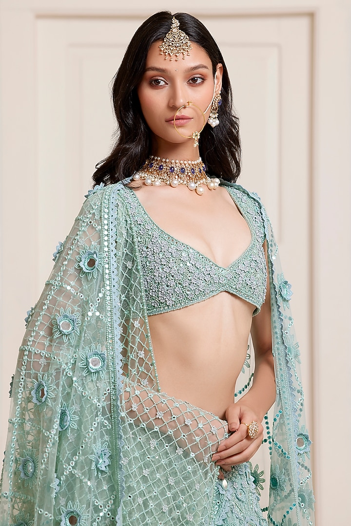 Sea Blue Net Embroidered Bridal Lehenga Set by SurilyG at Pernia's Pop Up Shop