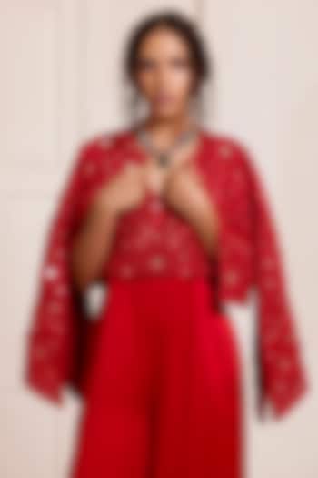 Red Net & Satin Embroidered Jacket by SurilyG at Pernia's Pop Up Shop