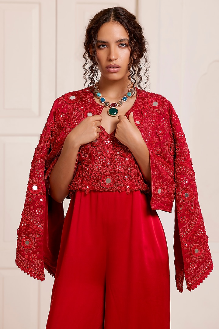 Red Net & Satin Embroidered Jacket by SurilyG at Pernia's Pop Up Shop