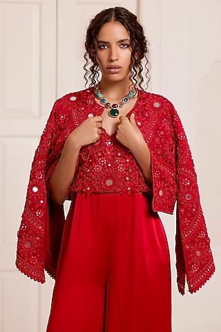 Red Net & Satin Embroidered Jacket by SurilyG