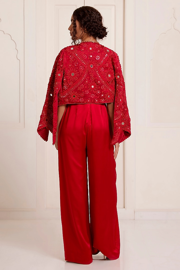 Red Net & Satin Embroidered Jacket by SurilyG at Pernia's Pop Up Shop