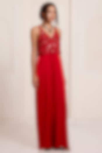 Red Net & Satin Embroidered Jumpsuit by SurilyG at Pernia's Pop Up Shop