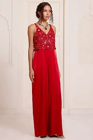 Red Net & Satin Embroidered Jumpsuit by SurilyG