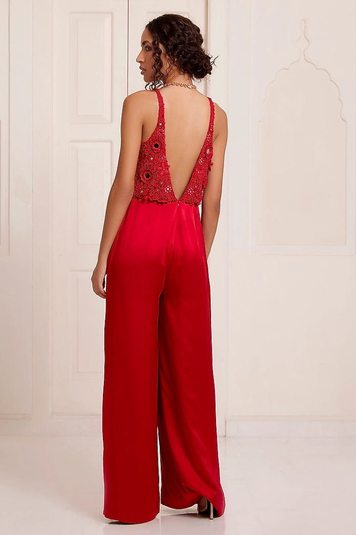 Red Net & Satin Embroidered Jumpsuit by SurilyG at Pernia's Pop Up Shop
