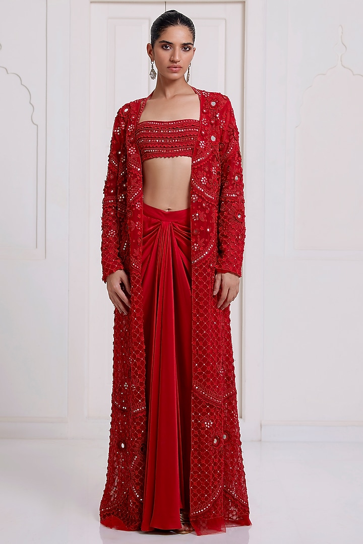 Red Net & Satin Embroidered Jacket Set by SurilyG at Pernia's Pop Up Shop