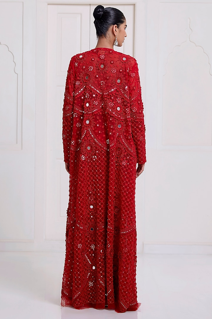 Red Net & Satin Embroidered Jacket Set by SurilyG at Pernia's Pop Up Shop