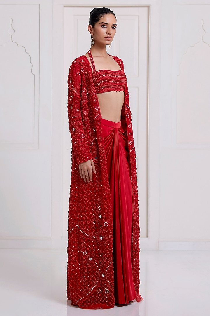 Red Net & Satin Embroidered Jacket Set by SurilyG at Pernia's Pop Up Shop
