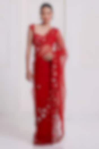 Red Net Embroidered Reception Saree Set by SurilyG at Pernia's Pop Up Shop