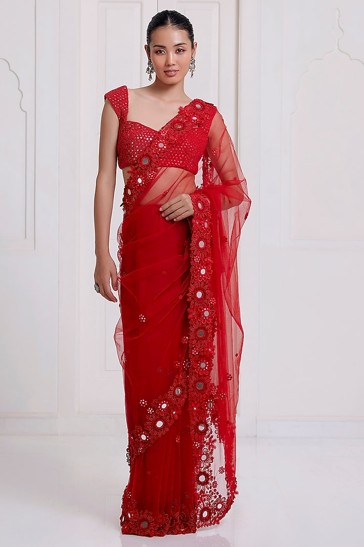 Red Net Embroidered Reception Saree Set by SurilyG at Pernia's Pop Up Shop