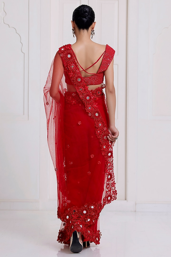 Red Net Embroidered Reception Saree Set by SurilyG at Pernia's Pop Up Shop