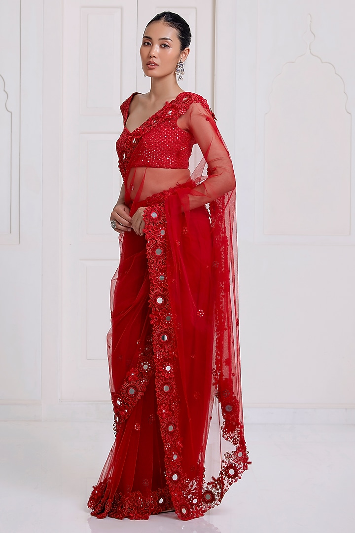 Red Net Embroidered Reception Saree Set by SurilyG at Pernia's Pop Up Shop