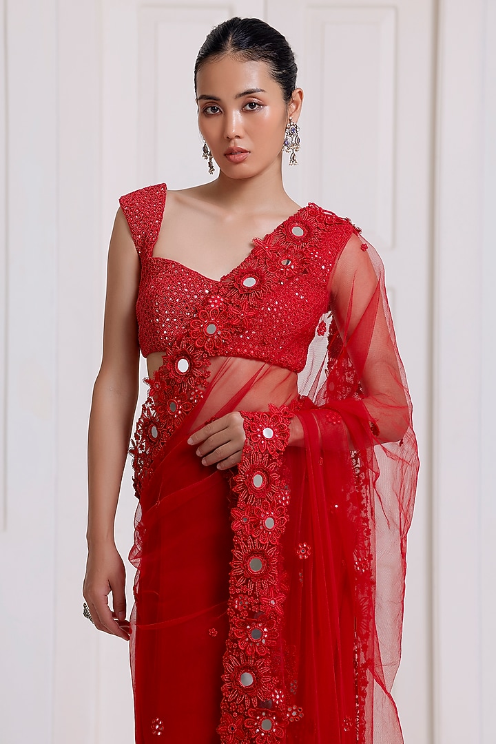 Red Net Embroidered Reception Saree Set by SurilyG at Pernia's Pop Up Shop