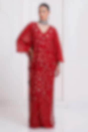 Red Net Embroidered Kaftan by SurilyG at Pernia's Pop Up Shop