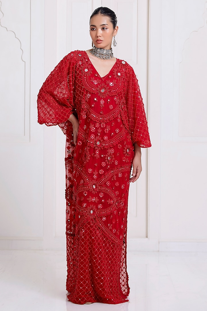 Red Net Embroidered Kaftan by SurilyG at Pernia's Pop Up Shop