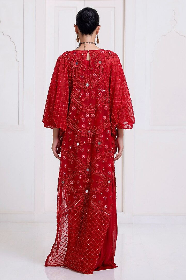 Red Net Embroidered Kaftan by SurilyG at Pernia's Pop Up Shop