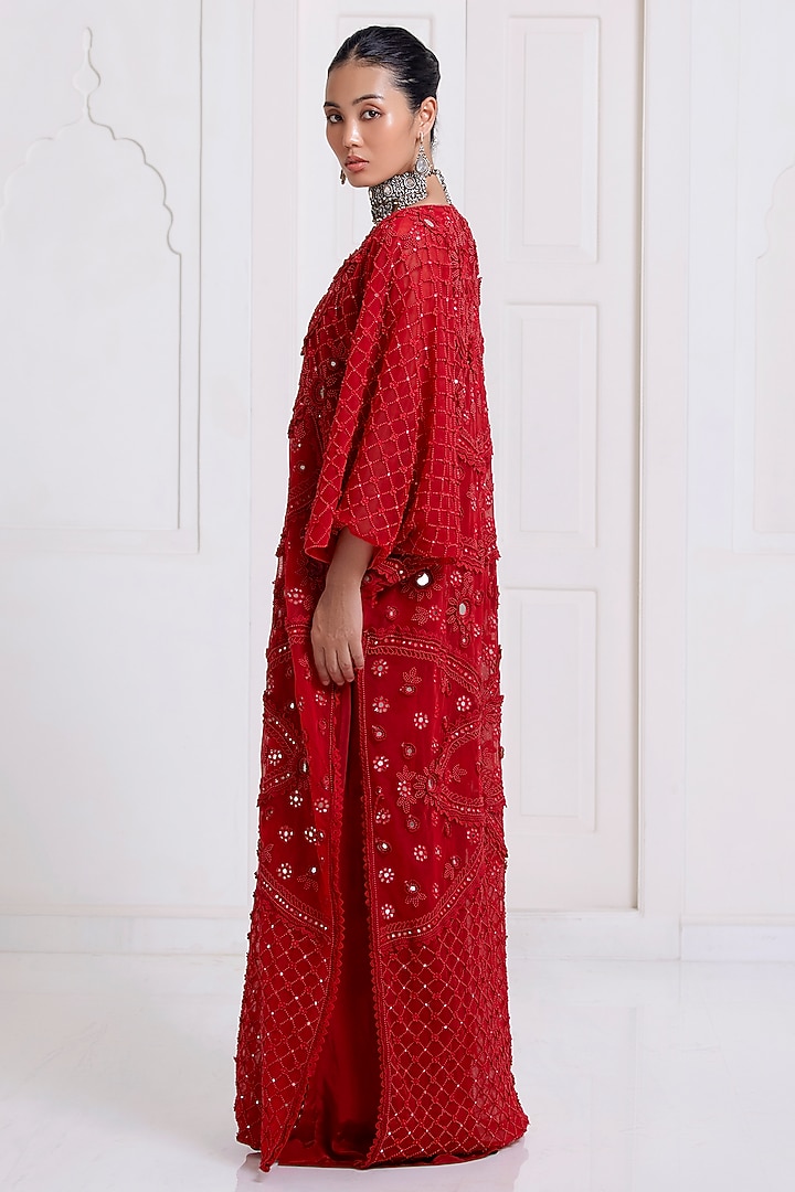 Red Net Embroidered Kaftan by SurilyG at Pernia's Pop Up Shop