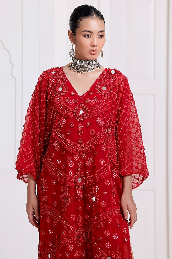 Red Net Embroidered Kaftan by SurilyG at Pernia's Pop Up Shop