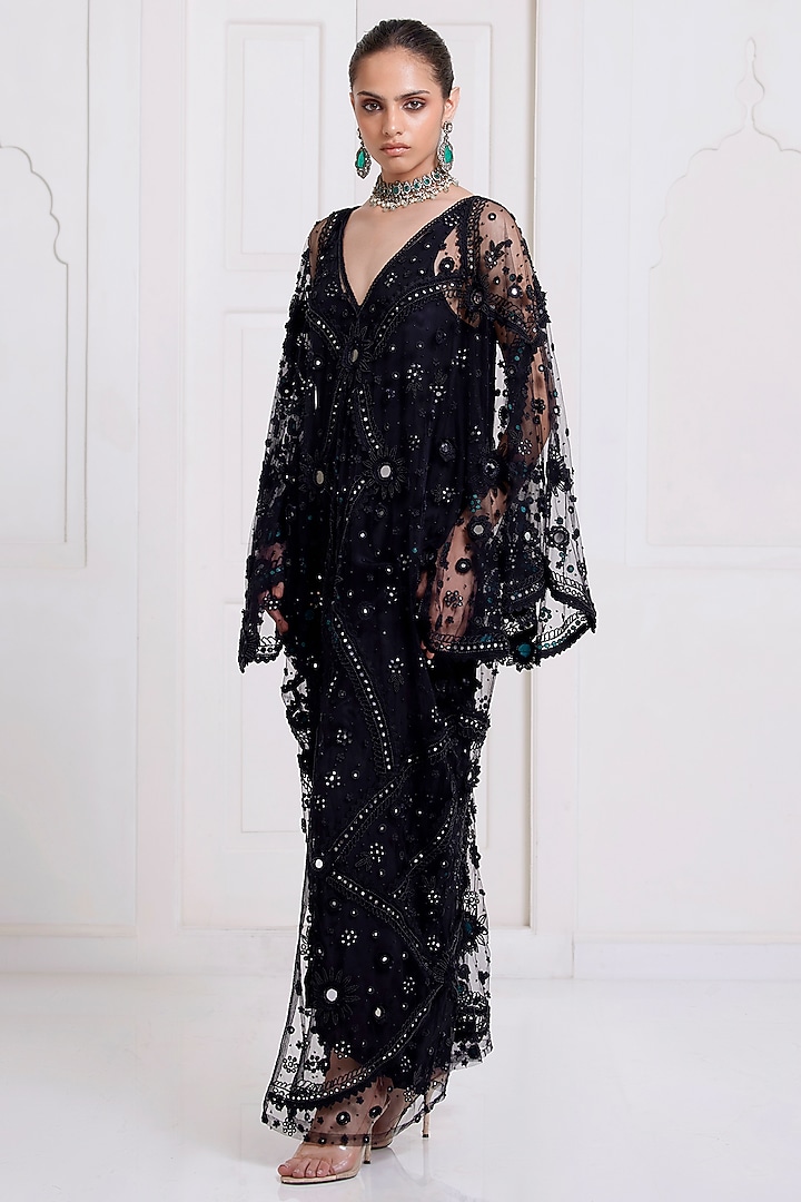 Black Net Embroidered Kaftan by SurilyG at Pernia's Pop Up Shop