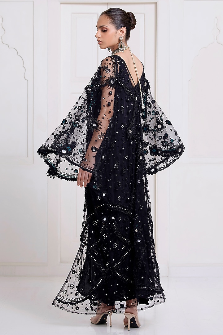 Black Net Embroidered Kaftan by SurilyG at Pernia's Pop Up Shop