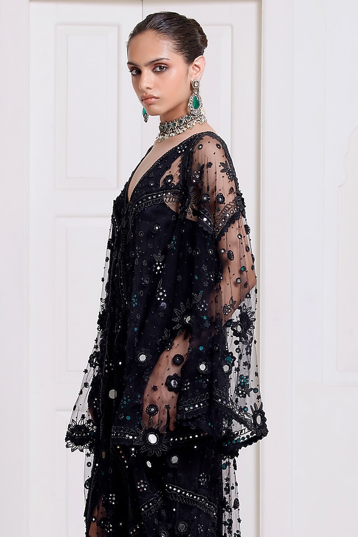 Black Net Embroidered Kaftan by SurilyG at Pernia's Pop Up Shop