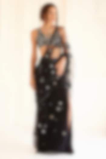 Black Net Embroidered Pre-Stitched Reception Saree Set by SurilyG at Pernia's Pop Up Shop