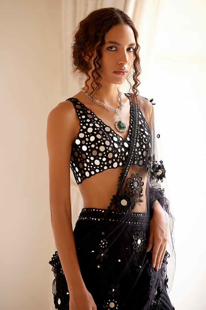 Black Net Embroidered Pre-Stitched Reception Saree Set by SurilyG at Pernia's Pop Up Shop